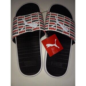 PUMA Men's Cool Cat Slide Sandals White Logo Black Red Accents Size 10